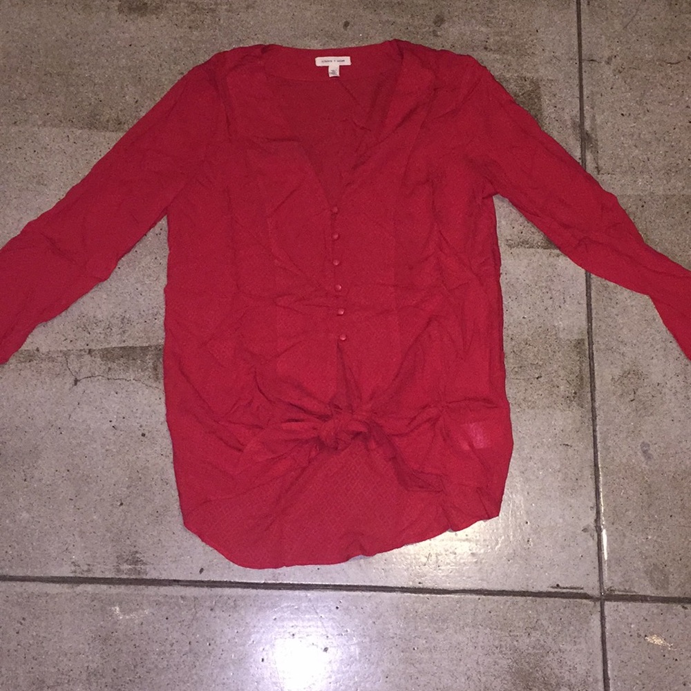 Red button down tie bottom blouse